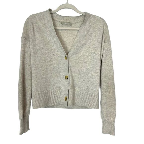 Everlane Womens Cropped Cashmere Cardigan Sweater Oatmeal Gray Canvas Heather S - Picture 2 of 15